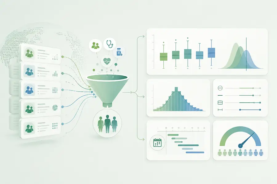 Illustration of clinical trial records being filtered into a comparison cohort and summarised as statistical benchmarks.