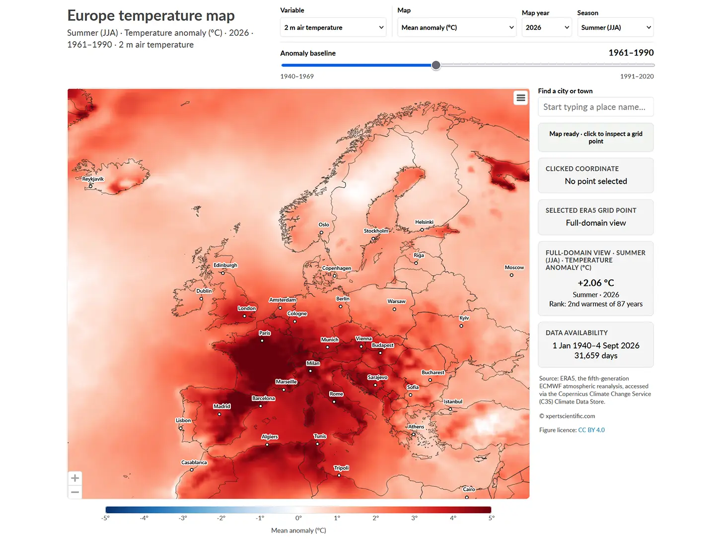 Dashboard des ERA5-Klimatools für Europa mit Temperaturkarte und historischer Zeitreihe